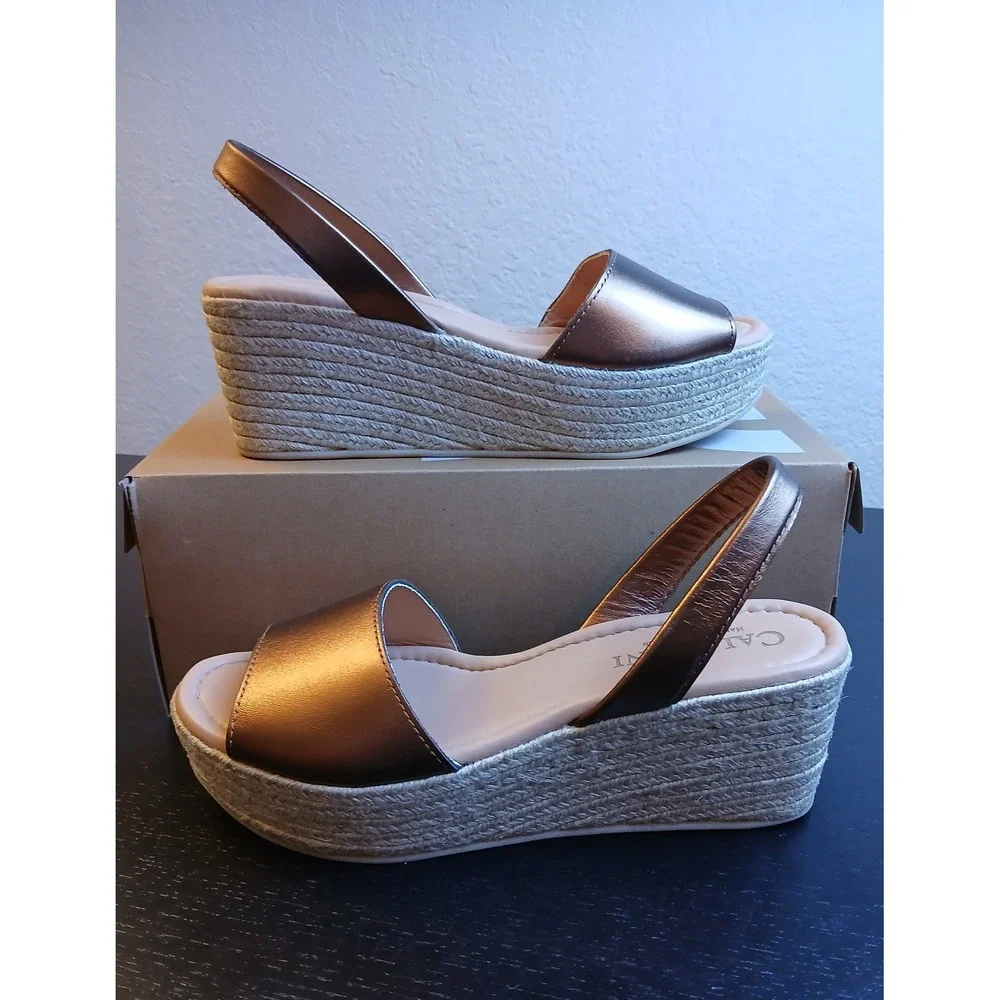Calaxini Women Bronze Metallic Leather Espadrille Wedge Sandals EU 37 Made Spain